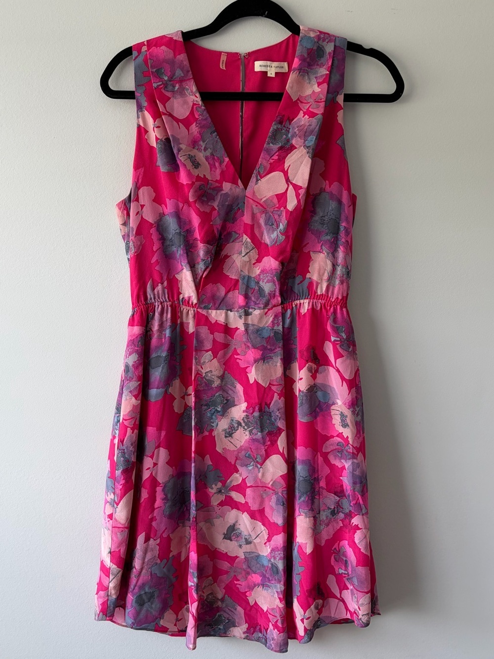 Rebecca Taylor 100% Silk Floral Dress Size 6 Pink Open Back Sleeveless Fit Flare